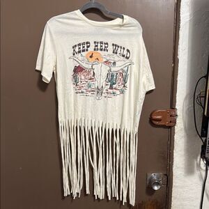 Rock&Roll Women’s Cream Graphic Fringe T-Shirt